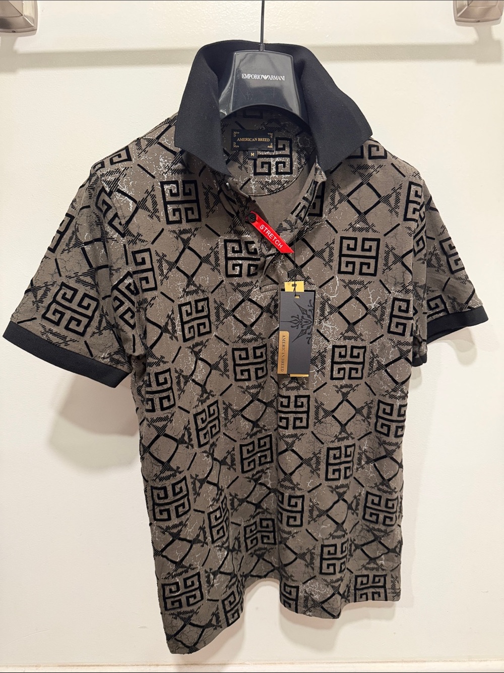 New European Patterned Short-Sleeve Polo in Taupe olive and Black - American Be